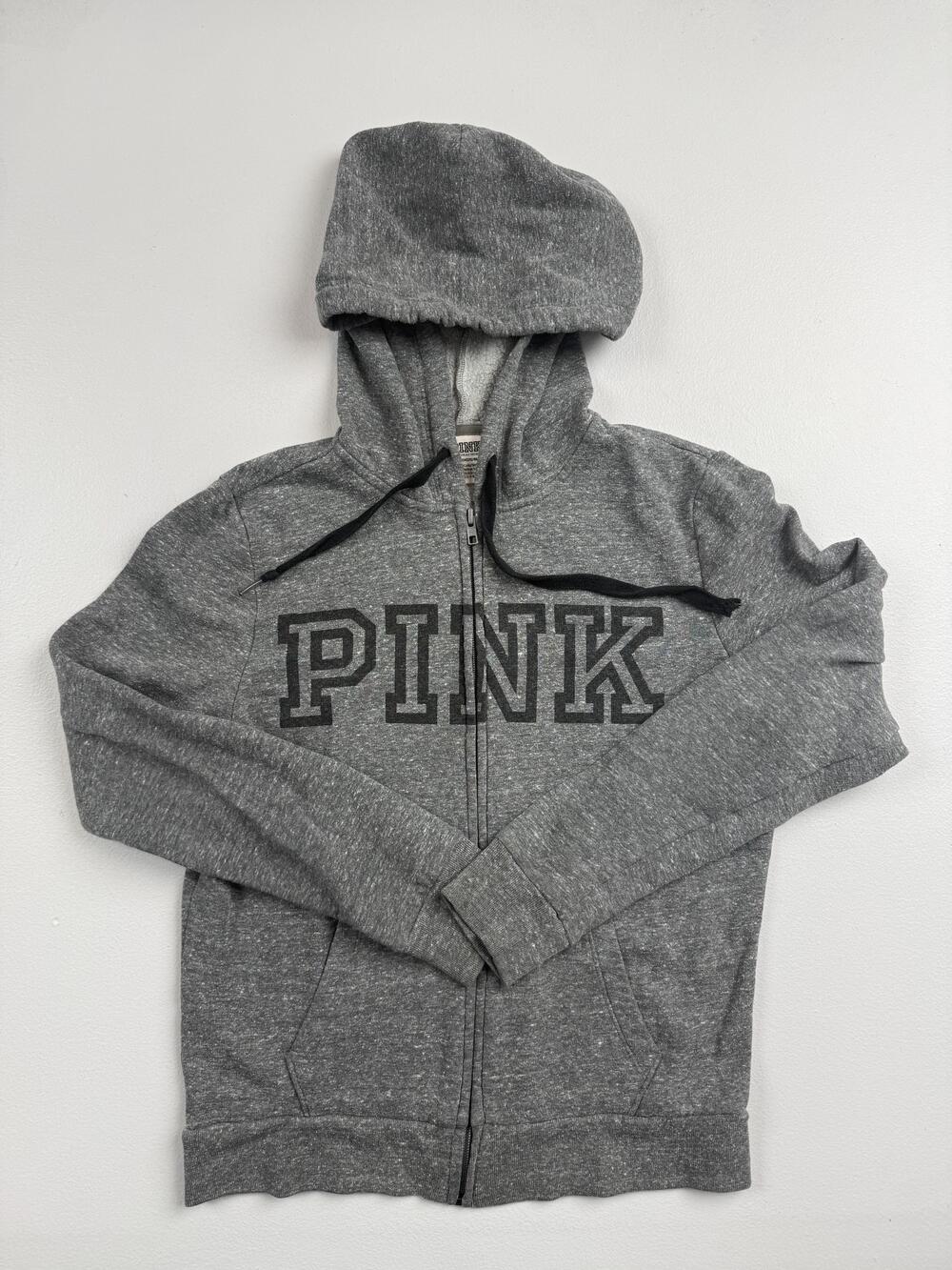 PINK Hoodie Sweatshirt Womens Small Gray Full Zip Fleece Logo Spell Out